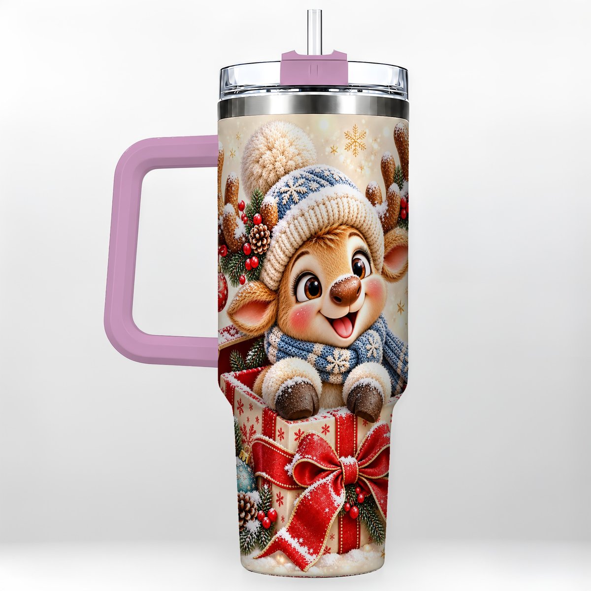 #pl[40oz|Pink] Cute Reindeer 40oz Tumbler with Handle, Christmas Deer Art