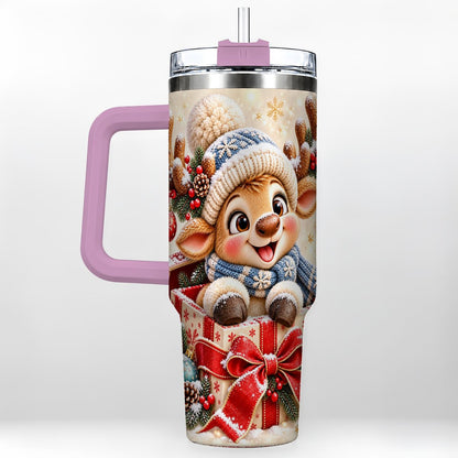 #pl[40oz|Pink] Cute Reindeer 40oz Tumbler with Handle, Christmas Deer Art