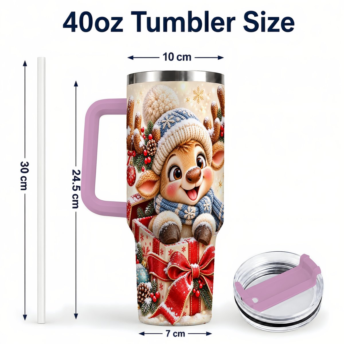 #pl[40oz|Pink] Cute Reindeer 40oz Tumbler with Handle, Christmas Deer Art