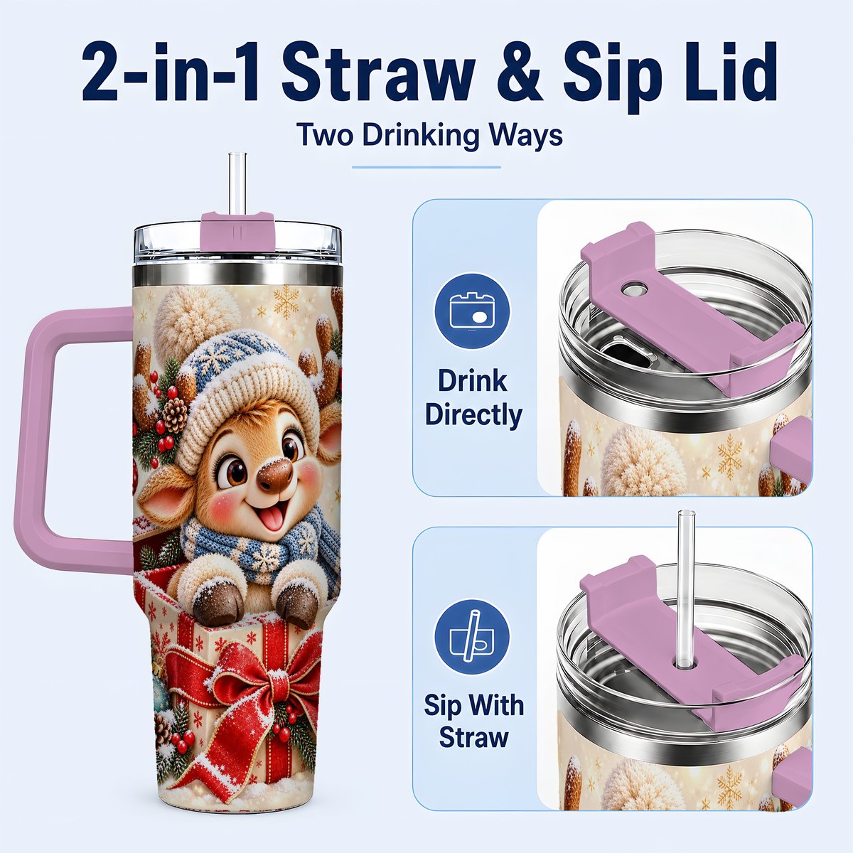 #pl[40oz|Pink] Cute Reindeer 40oz Tumbler with Handle, Christmas Deer Art