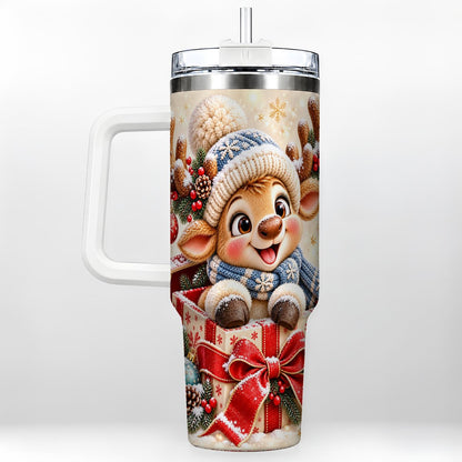 Cute Reindeer 40oz Tumbler with Handle, Christmas Deer Art