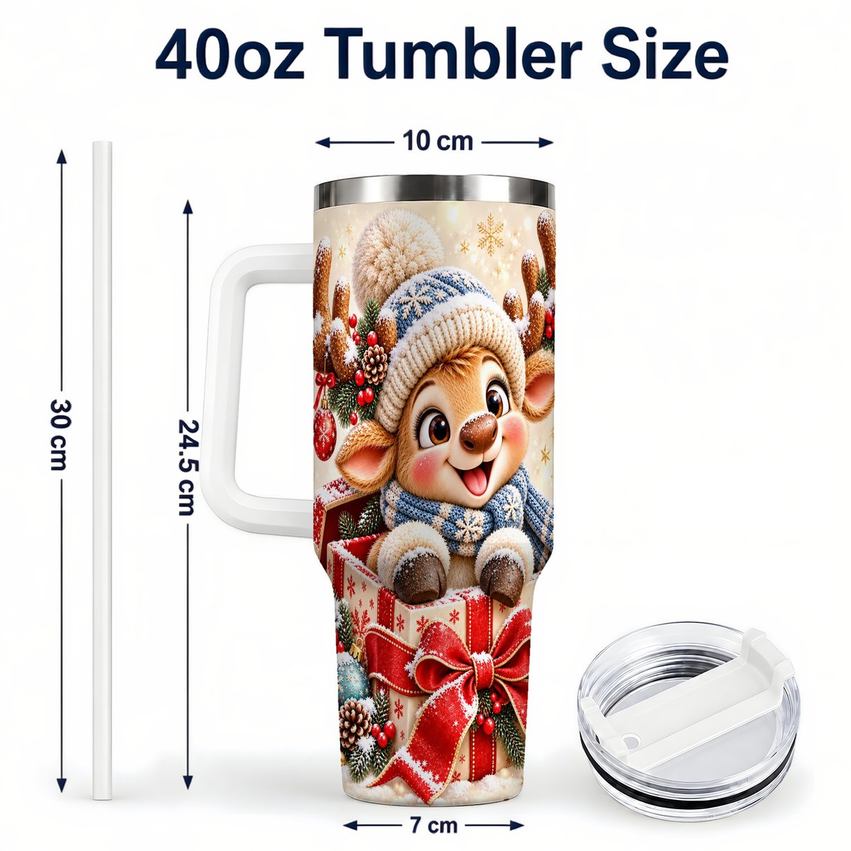 #pl[40oz|White] Cute Reindeer 40oz Tumbler with Handle, Christmas Deer Art
