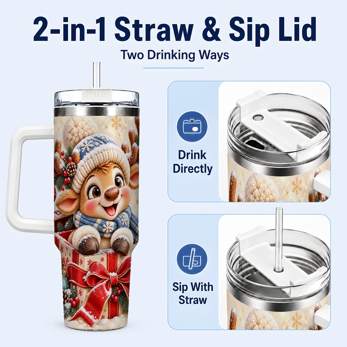 #pl[40oz|White] Cute Reindeer 40oz Tumbler with Handle, Christmas Deer Art