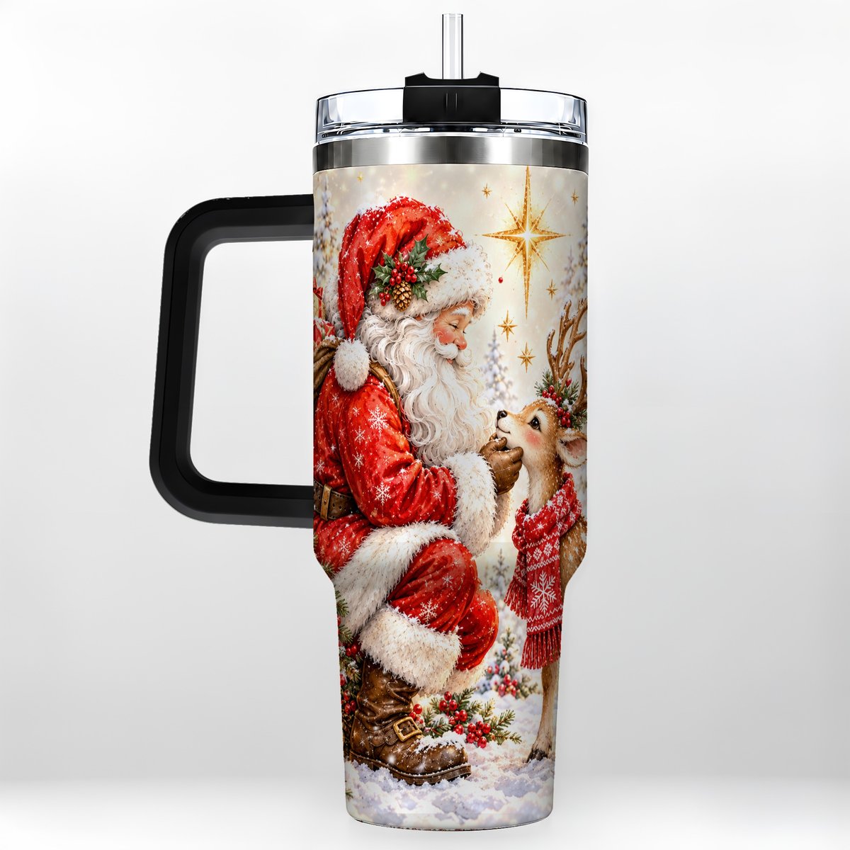 #pl[40oz|Black] Santa Reindeer 40oz Tumbler with Handle, Snowy Christmas Scene