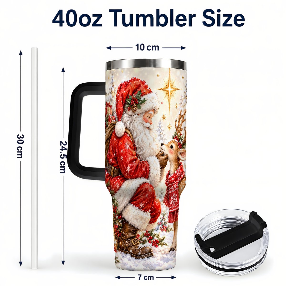 #pl[40oz|Black] Santa Reindeer 40oz Tumbler with Handle, Snowy Christmas Scene