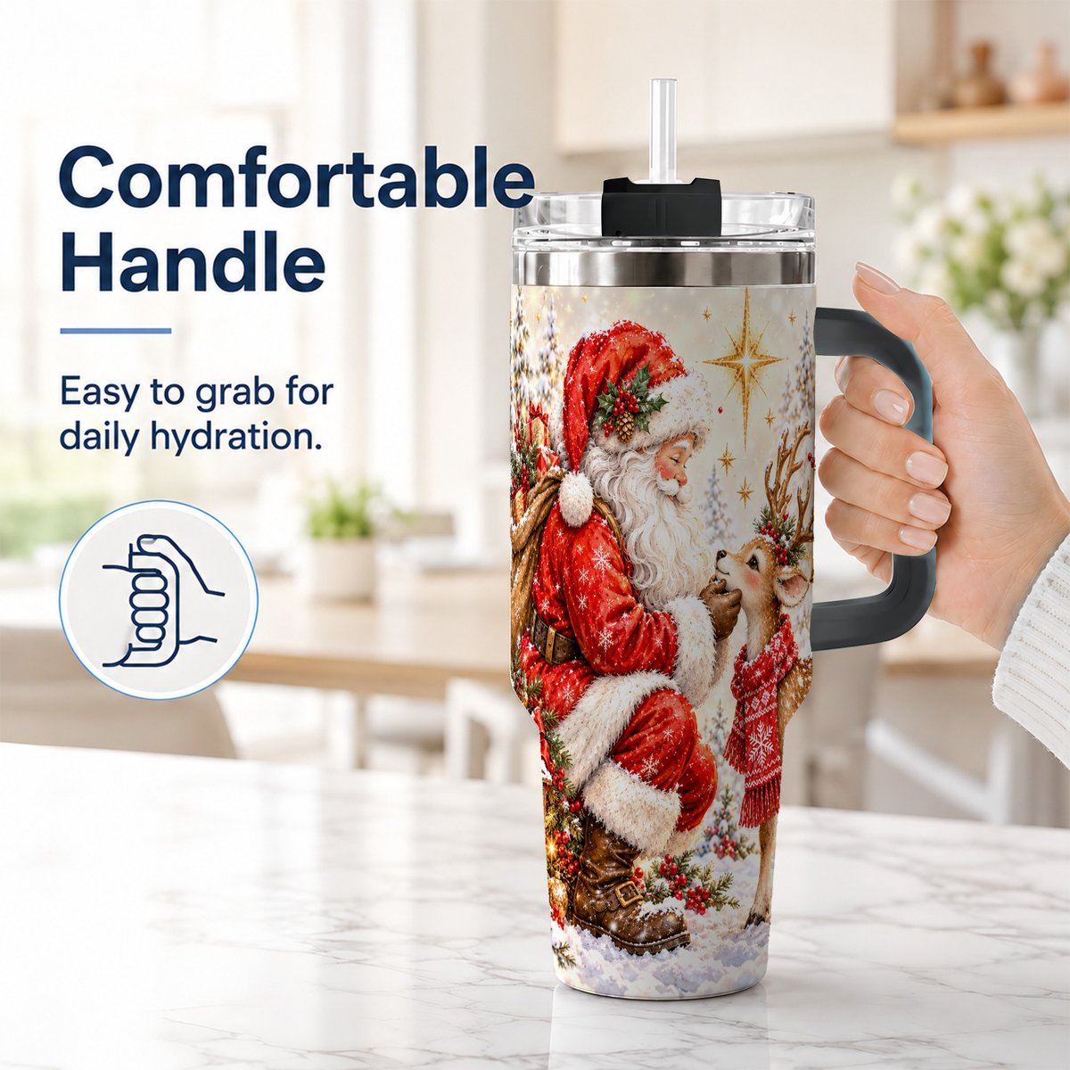 #pl[40oz|Black] Santa Reindeer 40oz Tumbler with Handle, Snowy Christmas Scene