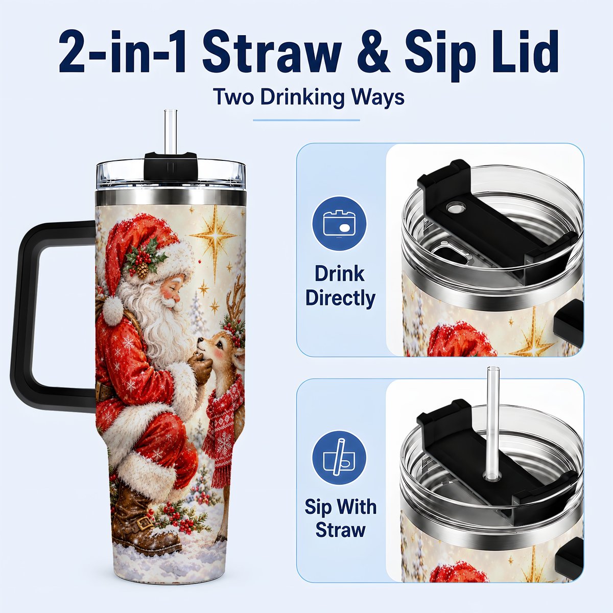 #pl[40oz|Black] Santa Reindeer 40oz Tumbler with Handle, Snowy Christmas Scene