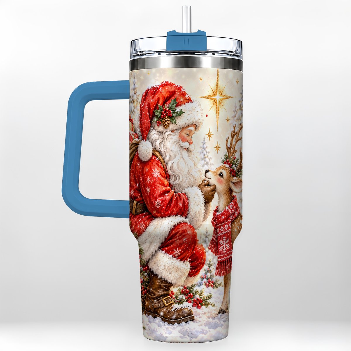 #pl[40oz|Blue] Santa Reindeer 40oz Tumbler with Handle, Snowy Christmas Scene