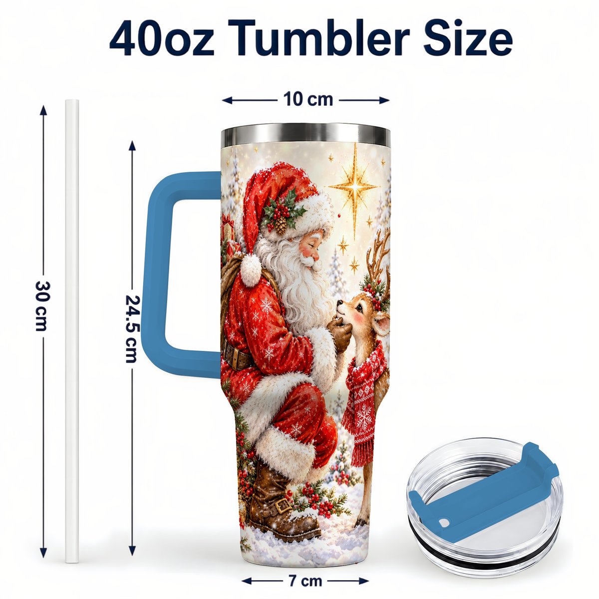#pl[40oz|Blue] Santa Reindeer 40oz Tumbler with Handle, Snowy Christmas Scene
