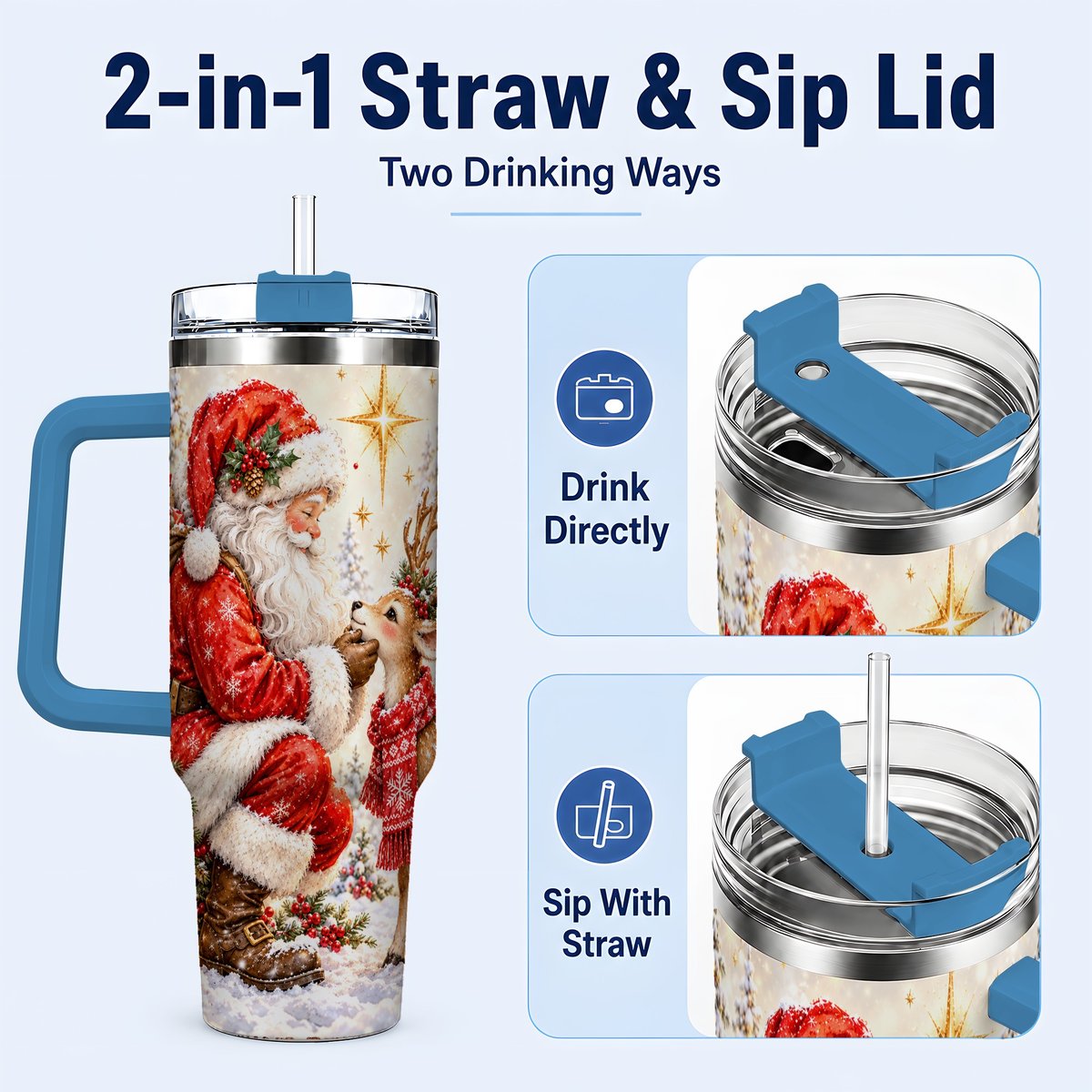 #pl[40oz|Blue] Santa Reindeer 40oz Tumbler with Handle, Snowy Christmas Scene