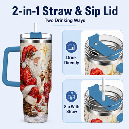 #pl[40oz|Blue] Santa Reindeer 40oz Tumbler with Handle, Snowy Christmas Scene