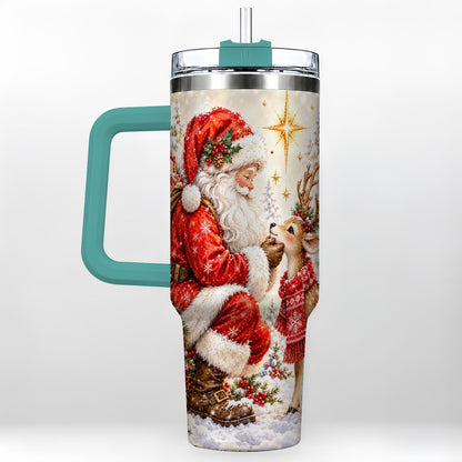 #pl[40oz|Green] Santa Reindeer 40oz Tumbler with Handle, Snowy Christmas Scene