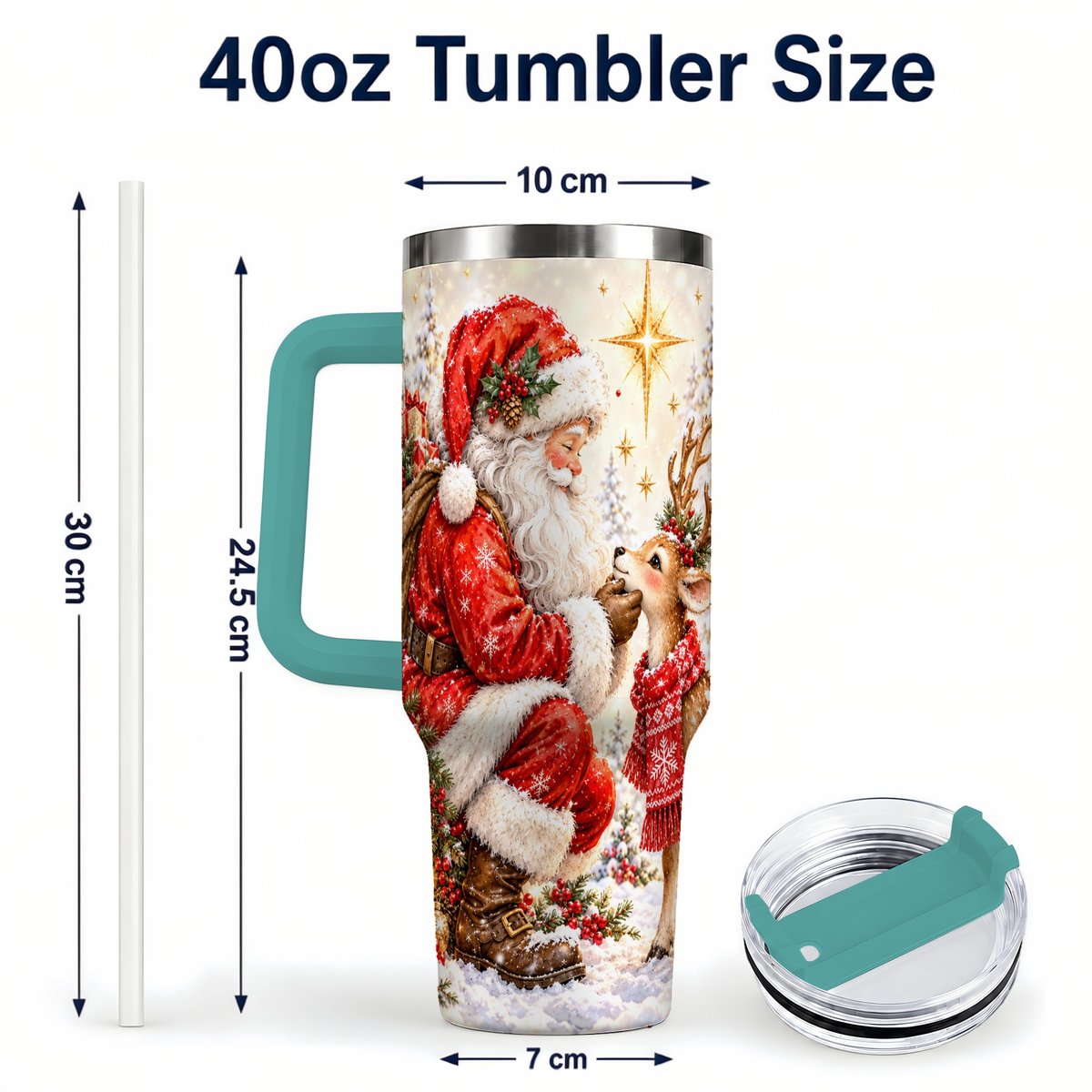 #pl[40oz|Green] Santa Reindeer 40oz Tumbler with Handle, Snowy Christmas Scene