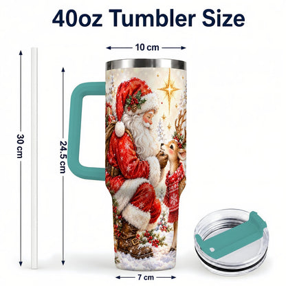 #pl[40oz|Green] Santa Reindeer 40oz Tumbler with Handle, Snowy Christmas Scene