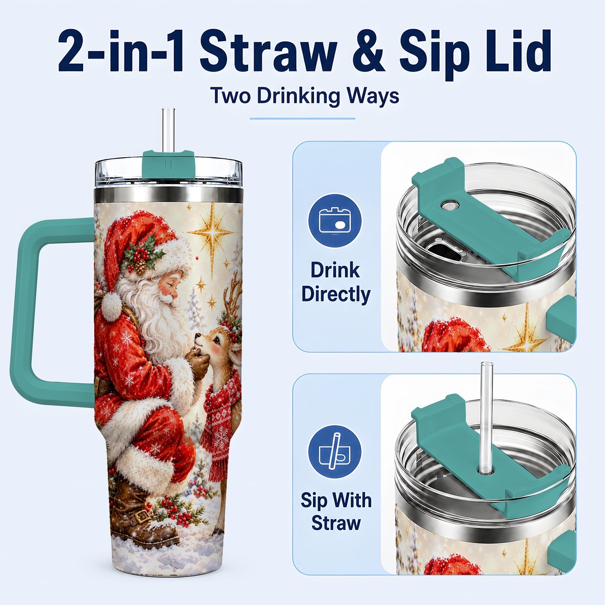 #pl[40oz|Green] Santa Reindeer 40oz Tumbler with Handle, Snowy Christmas Scene