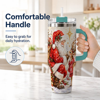 #pl[40oz|Green] Santa Reindeer 40oz Tumbler with Handle, Snowy Christmas Scene