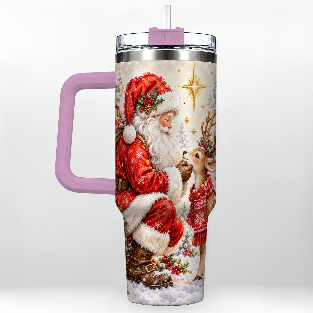 #pl[40oz|Pink] Santa Reindeer 40oz Tumbler with Handle, Snowy Christmas Scene