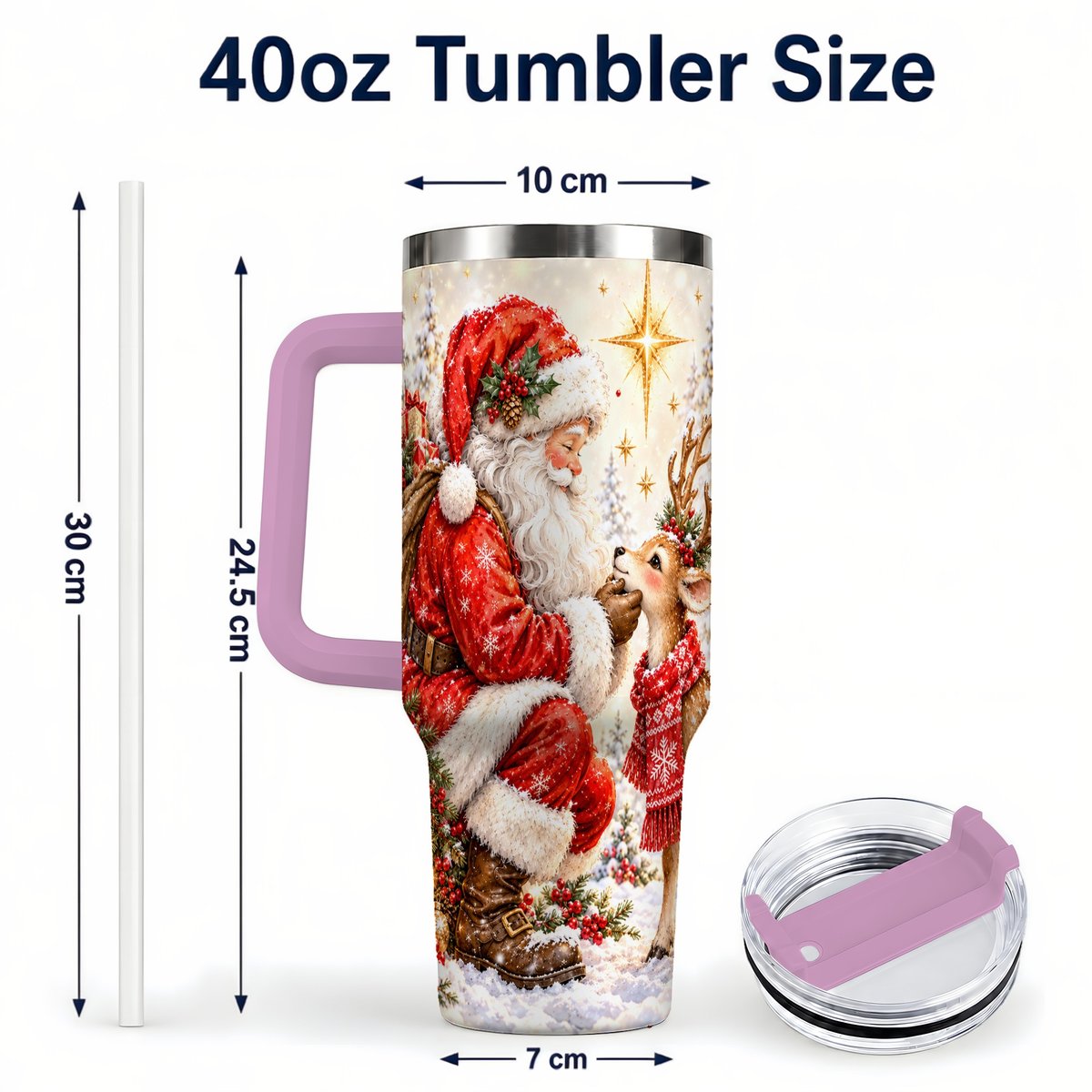#pl[40oz|Pink] Santa Reindeer 40oz Tumbler with Handle, Snowy Christmas Scene