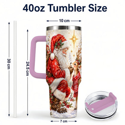 #pl[40oz|Pink] Santa Reindeer 40oz Tumbler with Handle, Snowy Christmas Scene