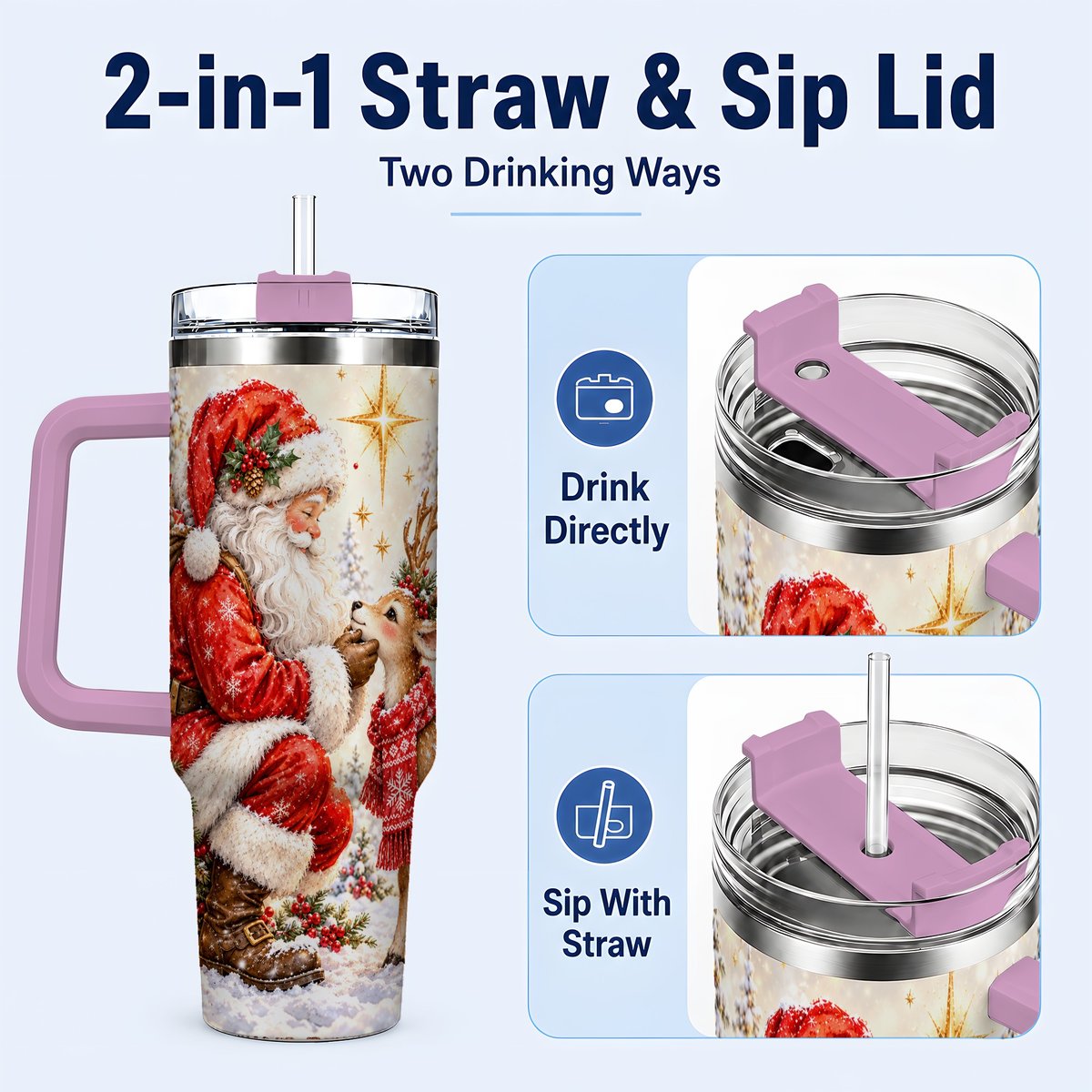 #pl[40oz|Pink] Santa Reindeer 40oz Tumbler with Handle, Snowy Christmas Scene