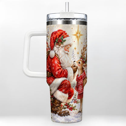 Santa Reindeer 40oz Tumbler with Handle, Snowy Christmas Scene