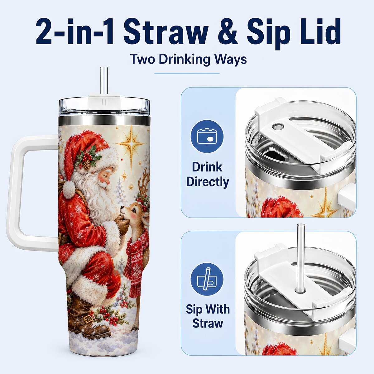 #pl[40oz|White] Santa Reindeer 40oz Tumbler with Handle, Snowy Christmas Scene