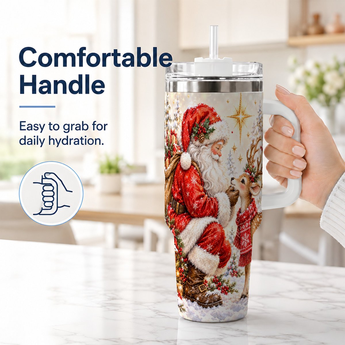 #pl[40oz|White] Santa Reindeer 40oz Tumbler with Handle, Snowy Christmas Scene