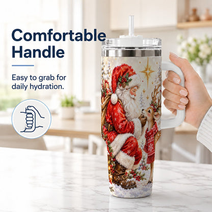 #pl[40oz|White] Santa Reindeer 40oz Tumbler with Handle, Snowy Christmas Scene
