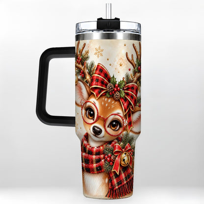 #pl[40oz|Black] Plaid Reindeer 40oz Tumbler with Handle, Festive Deer Artwork