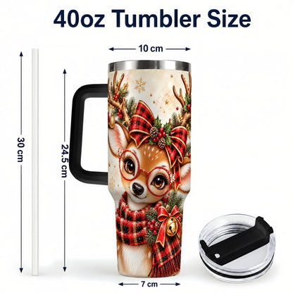 #pl[40oz|Black] Plaid Reindeer 40oz Tumbler with Handle, Festive Deer Artwork