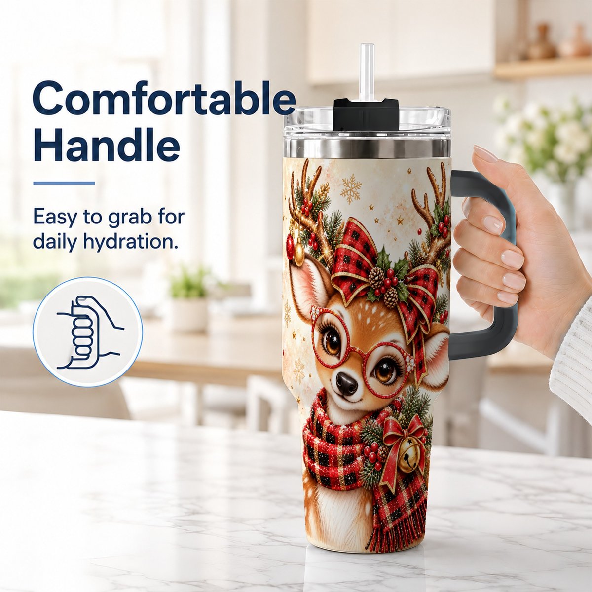 #pl[40oz|Black] Plaid Reindeer 40oz Tumbler with Handle, Festive Deer Artwork