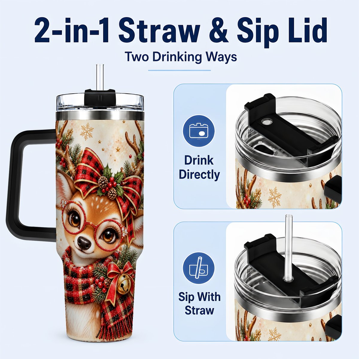 #pl[40oz|Black] Plaid Reindeer 40oz Tumbler with Handle, Festive Deer Artwork