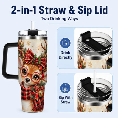 #pl[40oz|Black] Plaid Reindeer 40oz Tumbler with Handle, Festive Deer Artwork