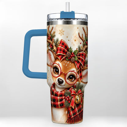 #pl[40oz|Blue] Plaid Reindeer 40oz Tumbler with Handle, Festive Deer Artwork