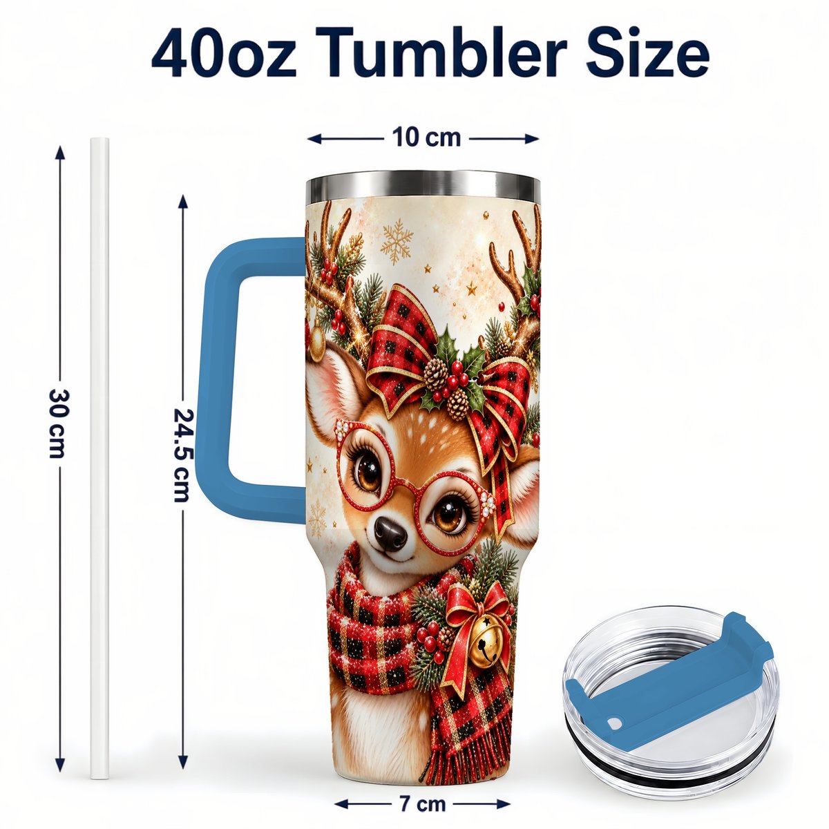#pl[40oz|Blue] Plaid Reindeer 40oz Tumbler with Handle, Festive Deer Artwork