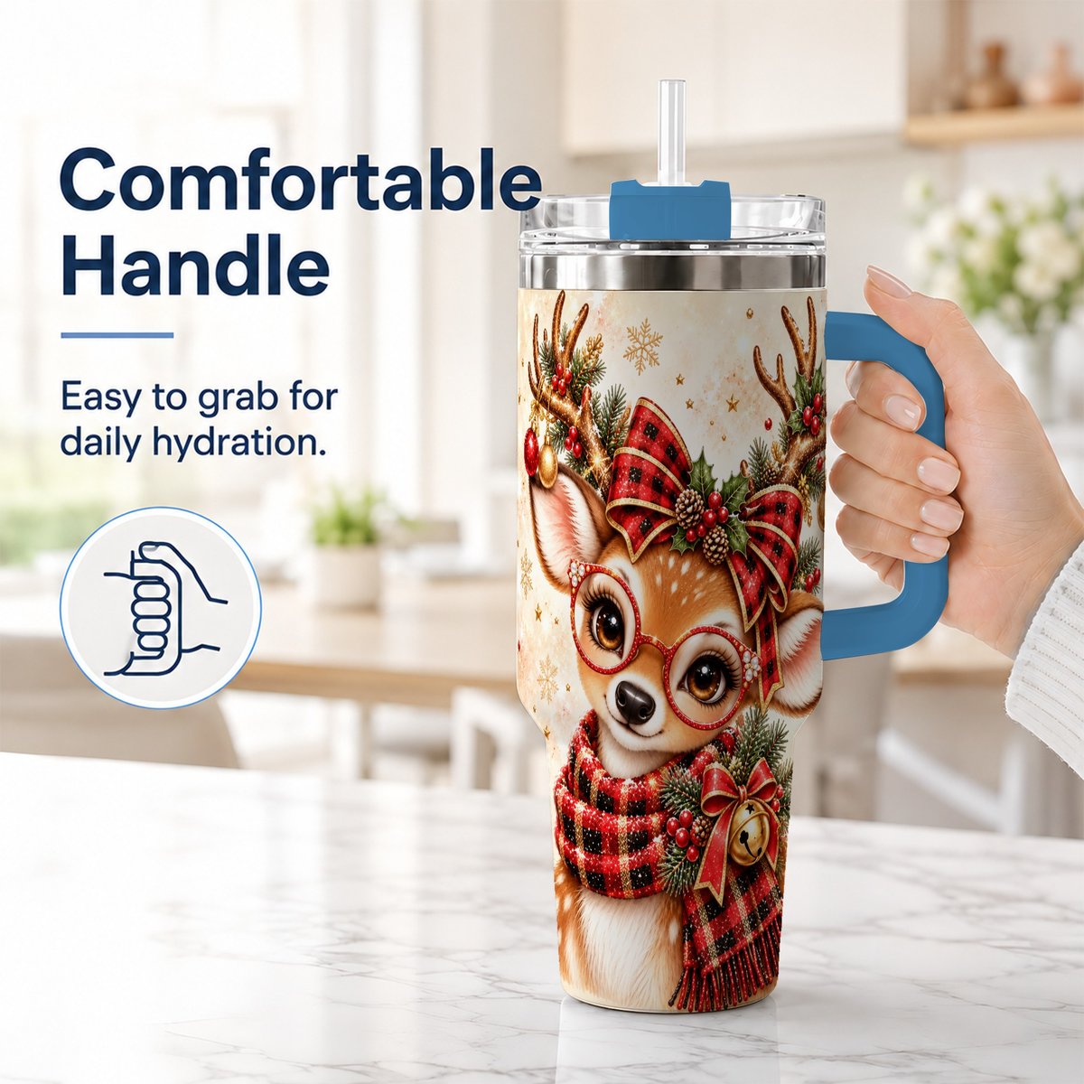 #pl[40oz|Blue] Plaid Reindeer 40oz Tumbler with Handle, Festive Deer Artwork