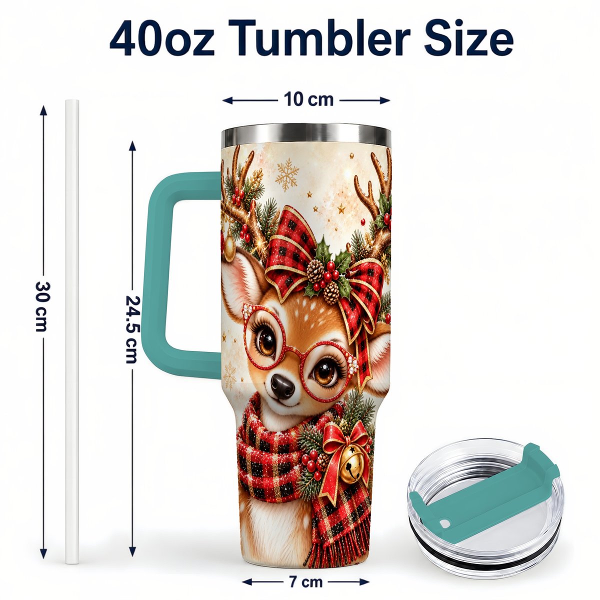 #pl[40oz|Green] Plaid Reindeer 40oz Tumbler with Handle, Festive Deer Artwork
