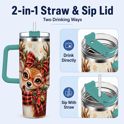 #pl[40oz|Green] Plaid Reindeer 40oz Tumbler with Handle, Festive Deer Artwork