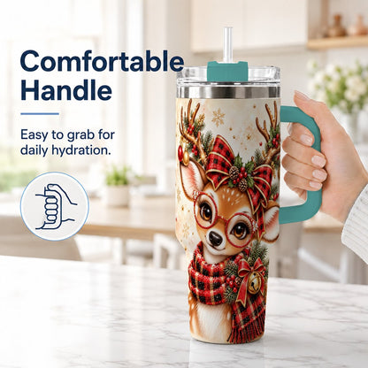 #pl[40oz|Green] Plaid Reindeer 40oz Tumbler with Handle, Festive Deer Artwork