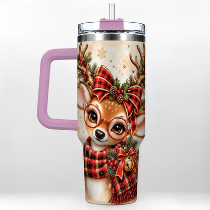 #pl[40oz|Pink] Plaid Reindeer 40oz Tumbler with Handle, Festive Deer Artwork