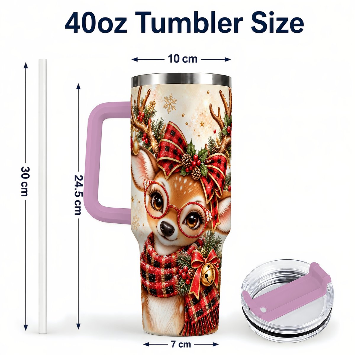 #pl[40oz|Pink] Plaid Reindeer 40oz Tumbler with Handle, Festive Deer Artwork