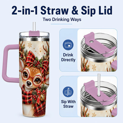 #pl[40oz|Pink] Plaid Reindeer 40oz Tumbler with Handle, Festive Deer Artwork