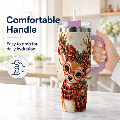 #pl[40oz|Pink] Plaid Reindeer 40oz Tumbler with Handle, Festive Deer Artwork