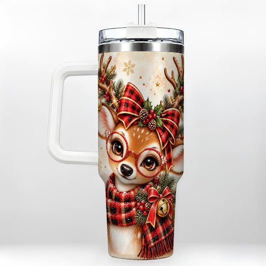Plaid Reindeer 40oz Tumbler with Handle, Festive Deer Artwork