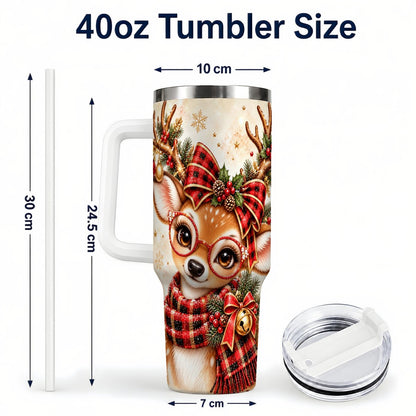 #pl[40oz|White] Plaid Reindeer 40oz Tumbler with Handle, Festive Deer Artwork