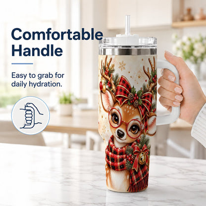 #pl[40oz|White] Plaid Reindeer 40oz Tumbler with Handle, Festive Deer Artwork