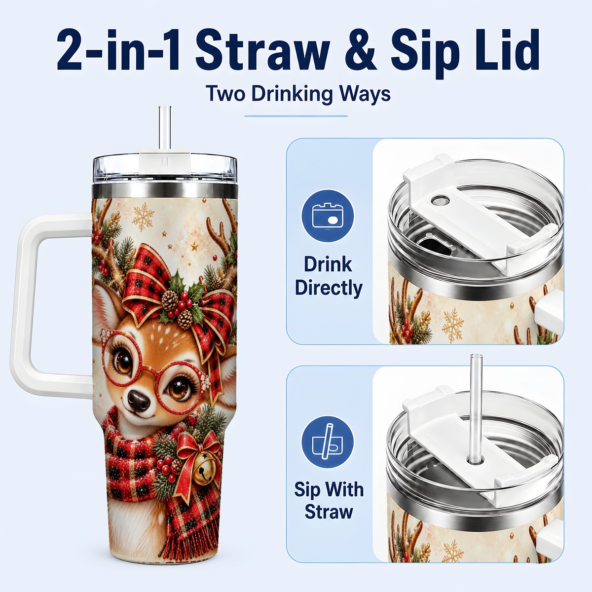 #pl[40oz|White] Plaid Reindeer 40oz Tumbler with Handle, Festive Deer Artwork