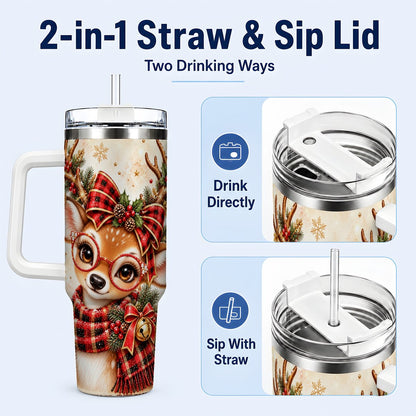 #pl[40oz|White] Plaid Reindeer 40oz Tumbler with Handle, Festive Deer Artwork