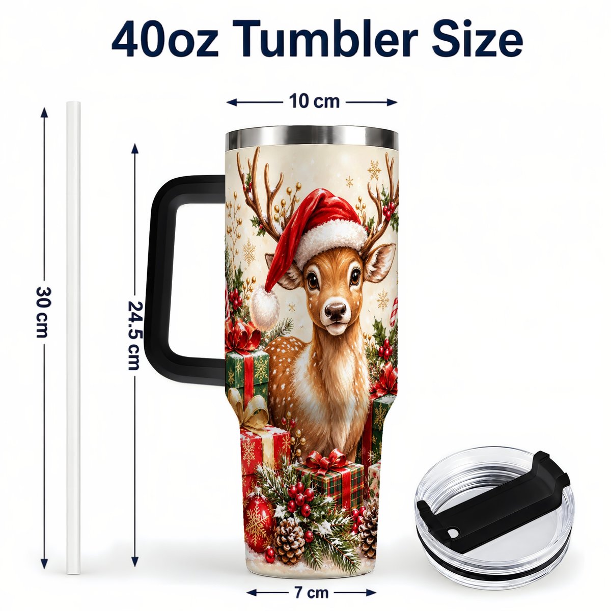 #pl[40oz|Black] Christmas Fawn 40oz Tumbler with Handle, Festive Deer Design