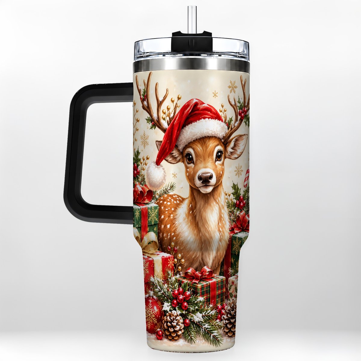 #pl[40oz|Black] Christmas Fawn 40oz Tumbler with Handle, Festive Deer Design